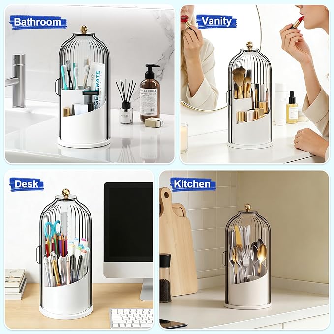 Dustproof Toothbrush Holders with Cover for Bathrooms, Rotating Covered Tooth Brush Holder for Bathroom Counter, Dust Proof Plastic Makeup Brush Holder Organizer with Sliding Lid for Vanity,Grey White