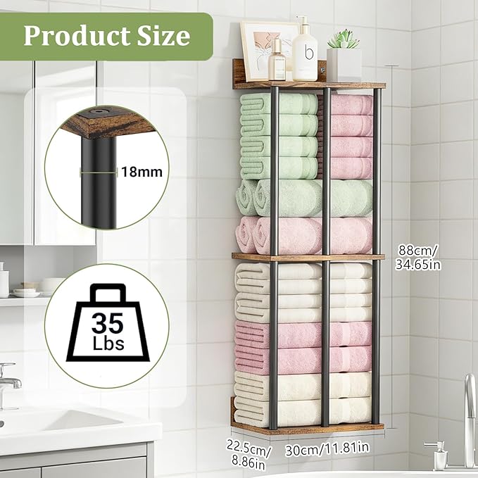 Towel Racks for Bathroom Wall Mounted with Shelf, Updated 3 Bar Bathroom Towel Holder Bath Storage Rack for Rolled Towel, Metal Small Bathrooms Towel Storage Rack, Rustic