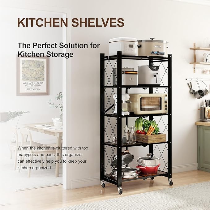 5 Tier Folding Shelf with Wheels, Wood and Metal Bookshelf, no Assembly Foldable Storage Shelves, Vintage Storage Rack for Living Room, Bedroom, and Home Office