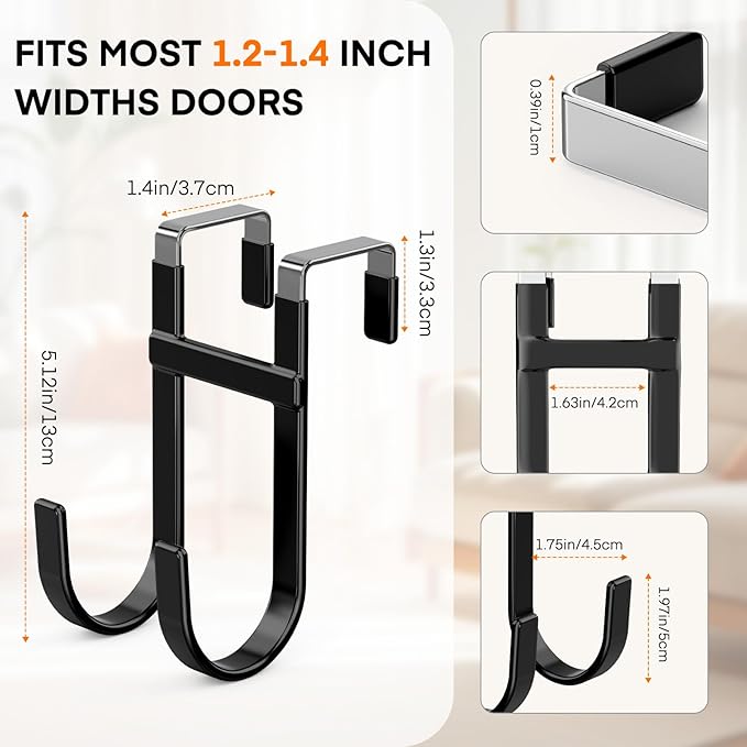 FYY Over The Door Hooks - 4 Pack Heavy Duty Double-Hanger Organizer for Bathroom Bedroom Dorm, Hanging Clothes Towels Hats Bags Ironing Board Wreath Robe - Fits Interior Doors Up to 1 3/8" Black