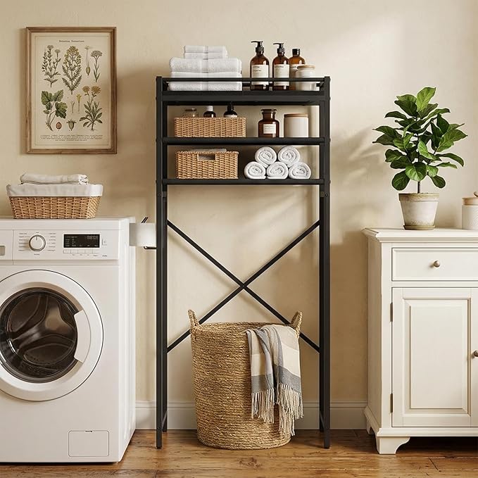 MAHANCRIS Over The Toilet Storage, 3-Tier Over Toilet Bathroom Organizer with Paper Holder, Freestanding Bathroom Shelves Above Toilet for Balcony Laundry Room, Space Saving, Black TSBK1201