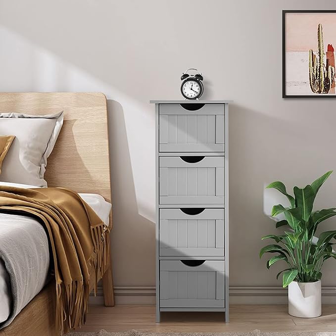 VINGLI Gery Bathroom Storage Cabinet with 4 Drawers Wooden Freestanding Slim Bathroom Floor Cabinet Small Side Organizer Storage Unit for Restroom Livng Room Kitchen Office Hallway Entryway