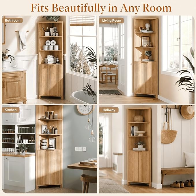 VINGLI 68" Tall Corner Cabinet with Fluted Door, Natural Oak Corner Storage Cabinet with Adjustable Shelves, Freestanding Bathroom Corner Cabinet with 30mm Thick-Look Top & Square Legs