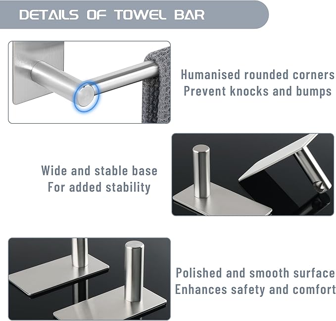 Alise Adhesive Towel Bar, 16 Inch Towel Racks for Bathroom SUS 304 Stainless Steel,Bathroom Towel Holder No Drill, Strong Self Adhesive Towel Bar, Brushed Nickel