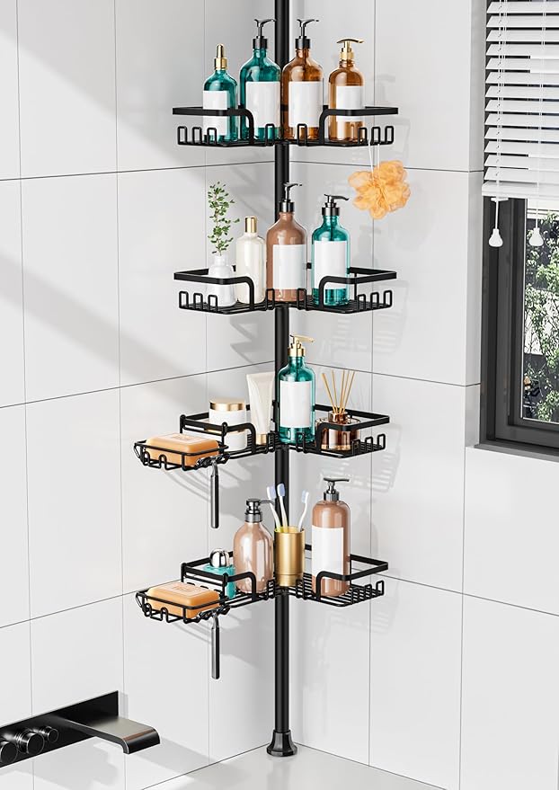 KEGII 2-in-1 Soap Holders x 2 & 32 Hooks Shower Caddy Tension Pole, Stainless Steel Adjustable Corner Shower Organizer for Bathroom, 25–114.2 Inches, Black