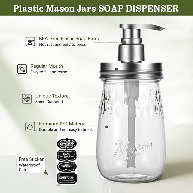 Amolliar Plastic Soap Dispenser with Pump Lid, 16 Oz Refillable Bathroom Hand Soap Dispenser Set, Clear Kitchen Liquid Dish Dispenser with Cute Lables for Farmhouse Shower (2 Pack, Silver)