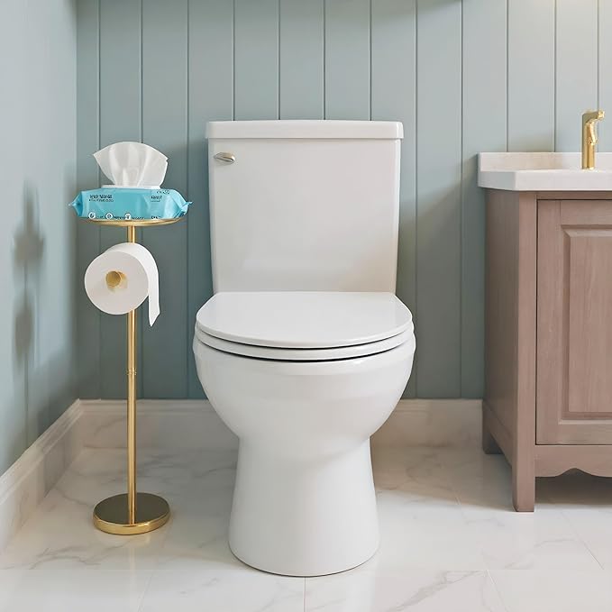 Toilet Paper Holder Stand Gold with Shelf on Top, Sturdy TP Roll Holder Floor Standing, Stainless Steel Base (Gold)