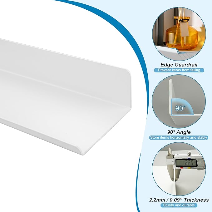 SAYAYO White Floating Shelves for Wall Storage, 12 Inch Adhesive Wall Shelves for Bedroom Decor, Small Display Bathroom Shelf Organizer for Kitchen, Living Room, Office, 2pcs