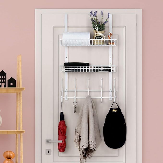 Over The Door Hanger Organizer with 2 Mesh Baskets & 5 Towel Hooks, Detachable Behind The Door Storage Towel Rack for Coats, Hats, Handbags, Easy Install Metal Hanging Hook Coat Rack Shelf, White