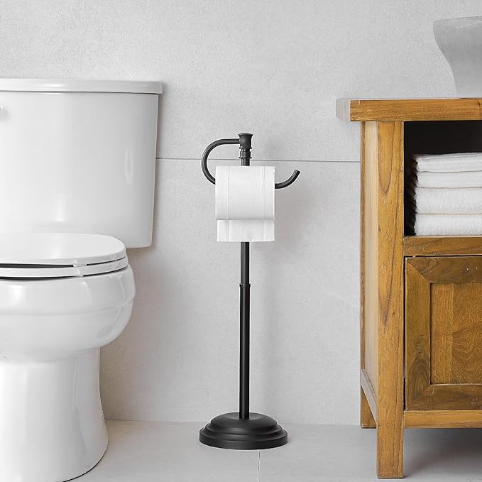 RUMOSE Toilet Paper Holder Stand for Floor,Matte Black Adjustable (12.4" to 22.8") Bathroom Toilet Tissue Holder, Free Standing Toilet Paper Roll Holder with Storage, Stainless Steel