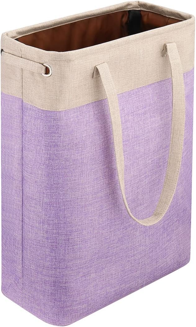 Laundry Basket with Handles Beige&Purple Slim Laundry Bin Collapsible Dirty Clothes Basket Narrow Laundry Bag Foldable Dirty Hamper for Camping, Dorms, Apartments