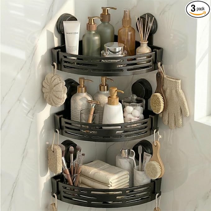 Corner Shower Caddy Suction Cup No Drilling, 3 PCS Removable Corner Shower Shelves, Bathroom Organizers and Storage, Shower Caddy Corner Storage Rack with Towel Hooks, Black