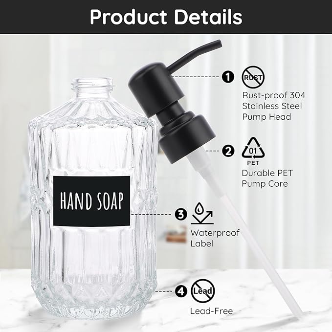 Segbeauty 15.2oz Glass Soap Dispenser Refillable, 2pcs Empty Bathroom Hand Soap Dispenser with Stainless Steel Pump, 450ml Clear Lotion Pump Bottle with Labels, Vintage Shampoo and Conditioner Bottle