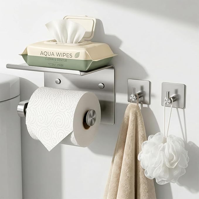 Tindbea Toilet Paper Holder Wall Mount + Towel Robe Hooks, Adhesive or Screw Wall Mounted Toilet Paper Roll Holder with Shelf, Stainless Steel Bathroom Organizers and Storage Kit (Brushed Nickel)