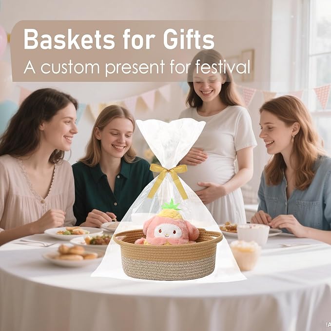 JMvicyroam Woven Basket,Small Rope Storage Bin with Handles & Ribbon Bag, Organizer for Shelves Closets,Gift Basket Empty for Birthday,Books,Dog Toys, Jute&Brown/2 Pack