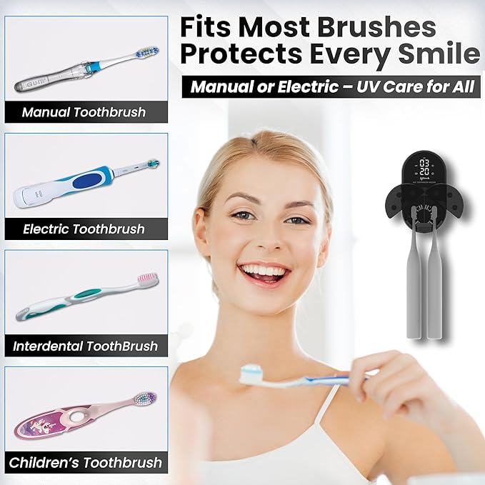 UV Toothbrush Sanitizer Holder | Wall Mounted UV-C Toothbrush Cleaner | Tooth Brush Sanitizer Holder Auto Shut-Off, USB Rechargeable, Fits All Brushes, Bathroom Organizer