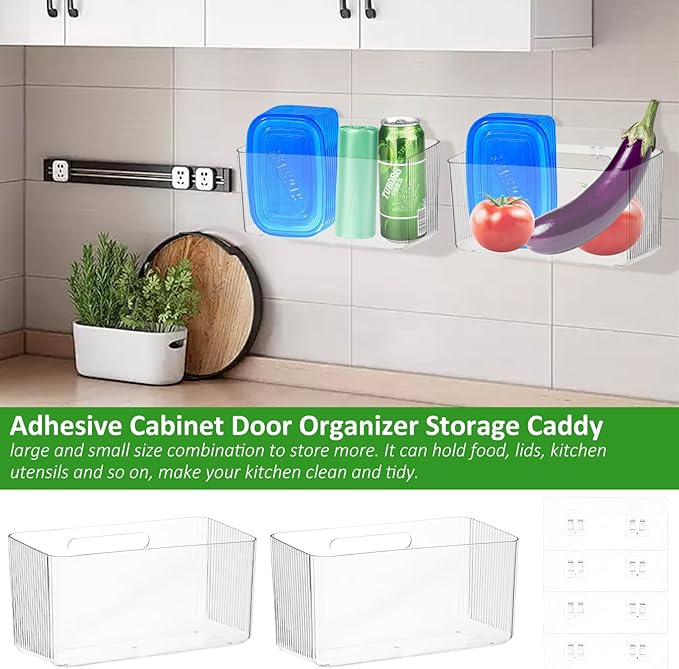 4 PCS Plastic Adhesive Mount Over Cabinet Door Organizer, Under Sink Door Storage Shelf Refrigerator Side Storage Box, Wall Organization Container for Kitchen Bathroom Office