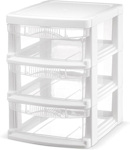 Tribello 3 Drawer Plastic Storage, Mini Drawer Unit, White Frame With Clear Drawers for Craft Storage - 8.5"L X 7"W X10"H Inches - (1 Pack)