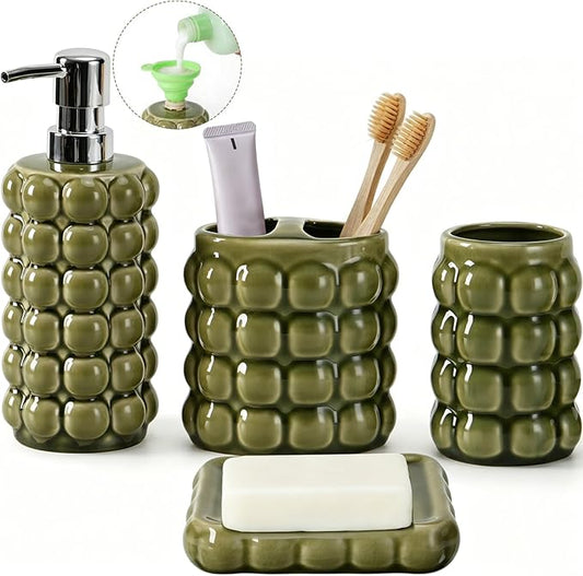 4 Piece Ceramic Bathroom Accessories Set –Soap Dispenser,Toothbrush Holder,Tumbler & Soap Dish,Includes Silicone Funnel,Non-Slip,Modern Farmhouse Countertop Organizer Set for Bathroom Decor, Green