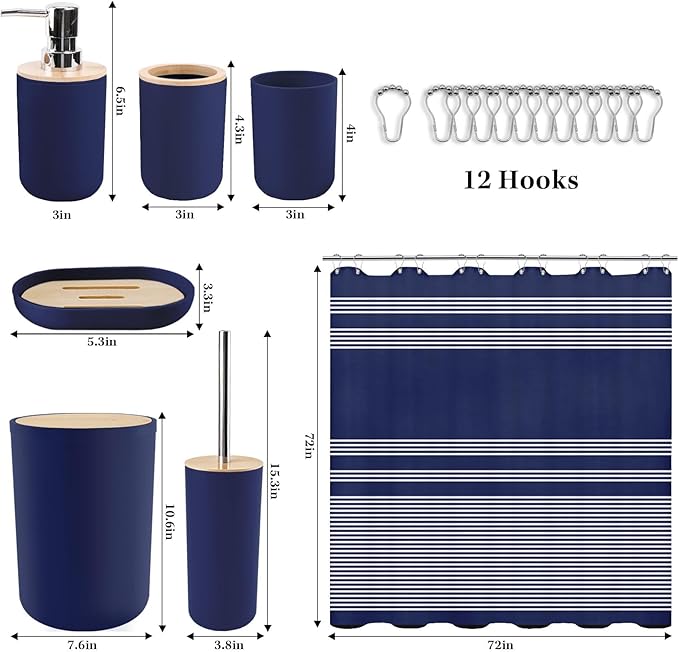 Britimes Bathroom Accessories Sets, Blue Shower Curtain Set with Trash Can, Soap Dispenser, Toilet Brush Holder, Toothbrush Holder and Toothbrush Cup for Bathroom Decor 72"*72"