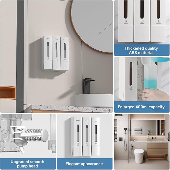 1984 Shower Soap Dispenser Bathroom Set Shampoo Conditioner Body Wash Dispenser Wall Mounted Shower Shampoo Dispenser 3 Chamber No Drill for Home Star Hotel 3 x 400ml White