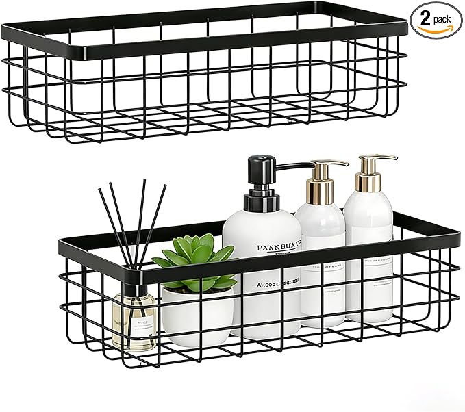 Hanging Wire Storage Baskets, Metal Small Wire Wall Organizer, Adhesive Wall Storage Shelves for Kitchen, Bathroom Pantry (Spice Rack, Cabinet Organizer, Shower Caddy) Black-2 Packs