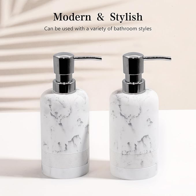 YMXYJM Resin Soap Dispenser Sets, 2 Pcs Heavy Lotion Dispensers,10.8oz Refillable Liquid Soap Dispensers with Rust-Proof Pump for Bathroom Countertop or Kitchen, Artificial Marble White