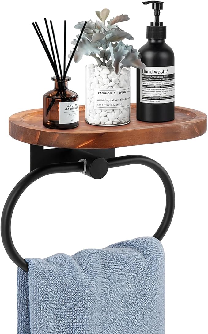Hand Towel Ring with Shelf, Stainless Steel Hand Towel Holder, Heavy Duty Bath Accessories, Wall Mounted Towel Hanger for Bathroom Kitchen (Wood Black)