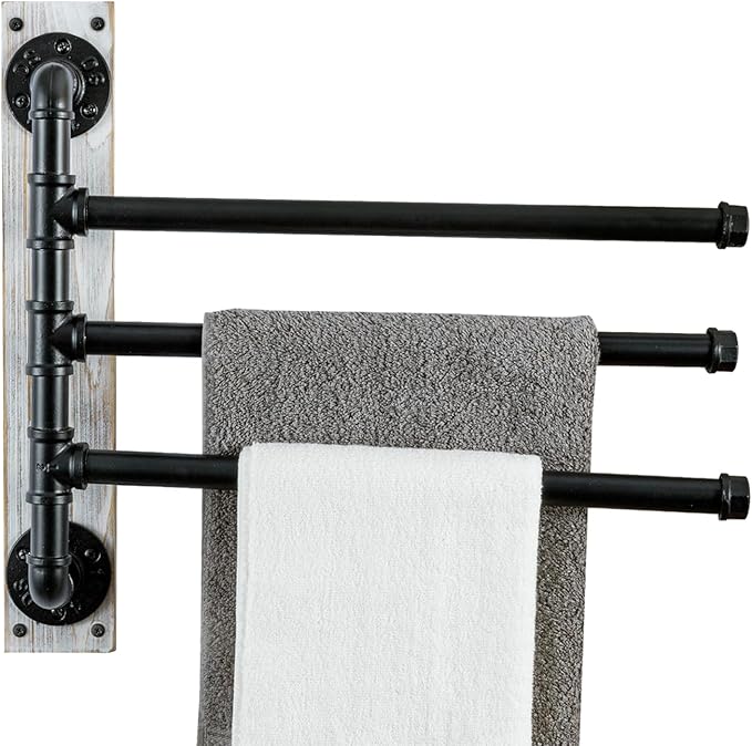 MyGift Swivel Towel Rack, Wall Mounted Towel Holder with 3 Tier Industrial Metal Pipe Towel Bars, Wooden Base Rustproof Swing Out Towel Hanger for Bathroom, Kitchen, Pool (White)
