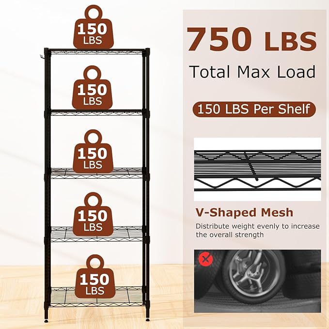 GOFLAME 5-Tier Metal Storage Shelving Unit, Heavy-Duty Adjustable Utility Shelf with V-Shaped Wire Rack, 750 LBS Storage Organizer for Home, Kitchen, Garage, Basement, 23.5”L x 13.5”W x 60”H