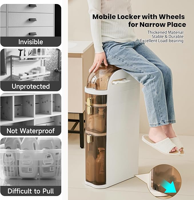 UFORU 4-Tier Slim Bathroom Storage Cabinet – 7.1" Narrow Tall Storage Cabinet, Movable Floor Waterproof Organizer Cabinets with Wheels, Drawers & Tissue Box for Small Spaces