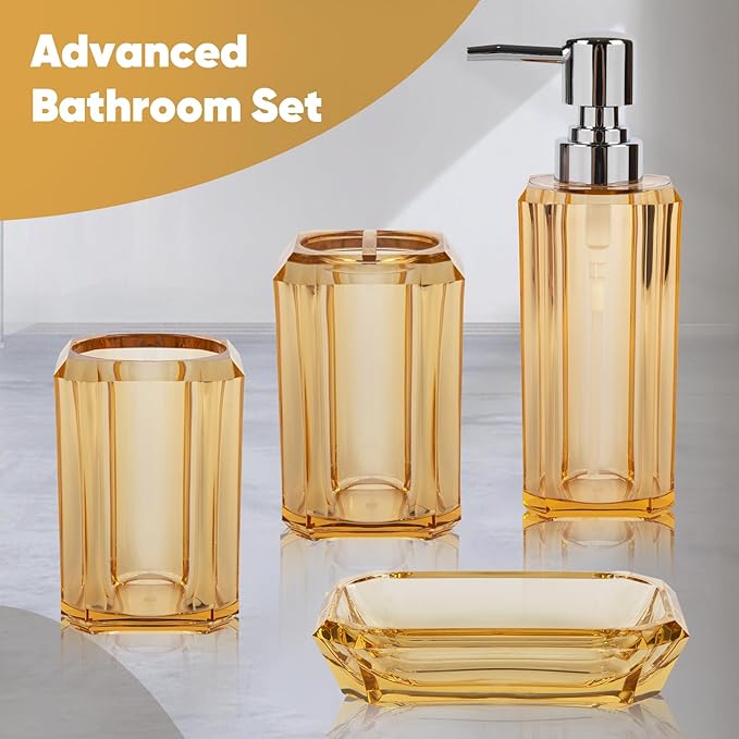 4-Piece Champagne Gold Bathroom Accessories Set with Soap Dispenser, Soap Dish, Tumbler & Toothbrush Holder, Glossy Acrylic with Champagne Accent, Vanity Bathroom Decor