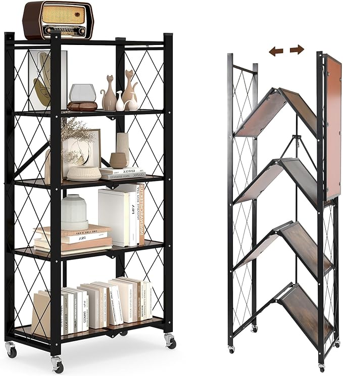 5 Tier Folding Shelf with Wheels, Wood and Metal Bookshelf, no Assembly Foldable Storage Shelves, Vintage Storage Rack for Living Room, Bedroom, and Home Office