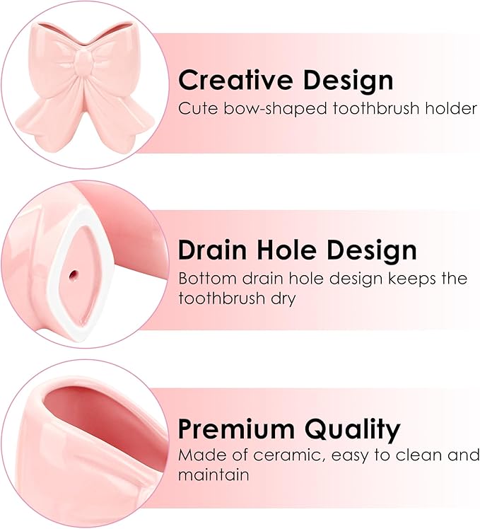 Cute Toothbrush Holder, Ceramic Bow Toothbrush Holder, with Drain Hole Bathroom Countertop Accessories, for Bathroom Canister Storage Organization, Vanity Makeup Organizer (Pink)