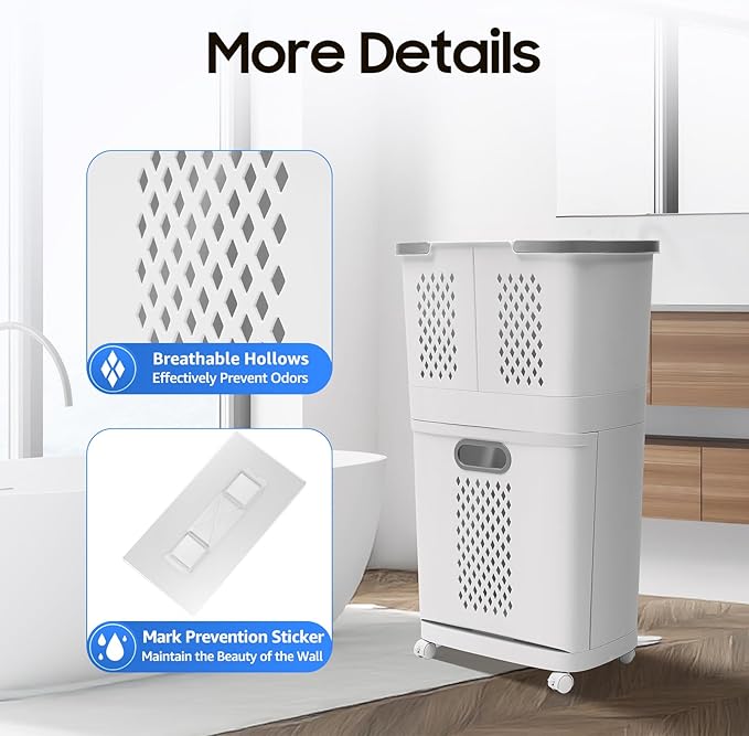 3-Layer Rolling Laundry Hamper,Removable Clothes Hamper Organizer with Wheels, Thick Storage Rack Classification Compact,Tiered Hamper 4 Partitions for Bedroom Laundry Room Bathroom(17x12in)