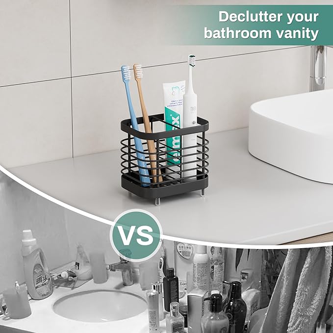 Black Electric Toothbrush Holder for Bathroom, Toothpaste Caddy Organizer Storage with Drainage, Stainless Steel Kids Tooth Brush Stand for Countertop Sink, Bathroom Accessories Decor