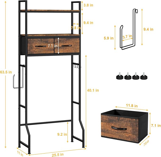 YBING Over The Toilet Bathroom Storage Cabinet for Freestanding, Above Toilet Shelf with Fabric Drawer, Tall Bathroom Shelf Organizer with Toilet Paper Holder, Brown