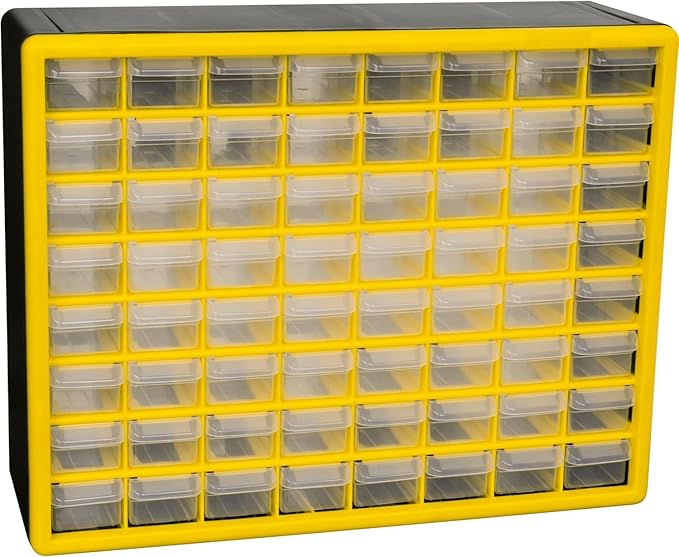 Akro-Mils 64-Drawer Plastic Drawer Storage Cabinet for Garage Organization, Bead Organizer, Building Bricks Storage, Teacher Toolbox, Makeup Organizer, 20" W x 6" D x 16" H, 10164 Yellow