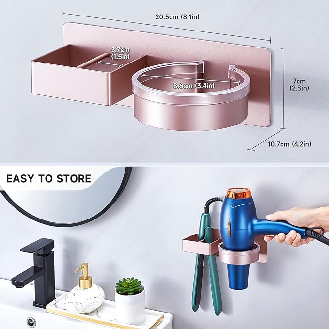 Hair Dryer Holder Wall Mounted, Hair Straightener Holder, Blow Dryer Holder Adhesive, Hair Tool Organizer for Flat Iron, Hairdryer, Curling Iron Holder for Bathroom Vanity Barber Shop (Rose Gold)