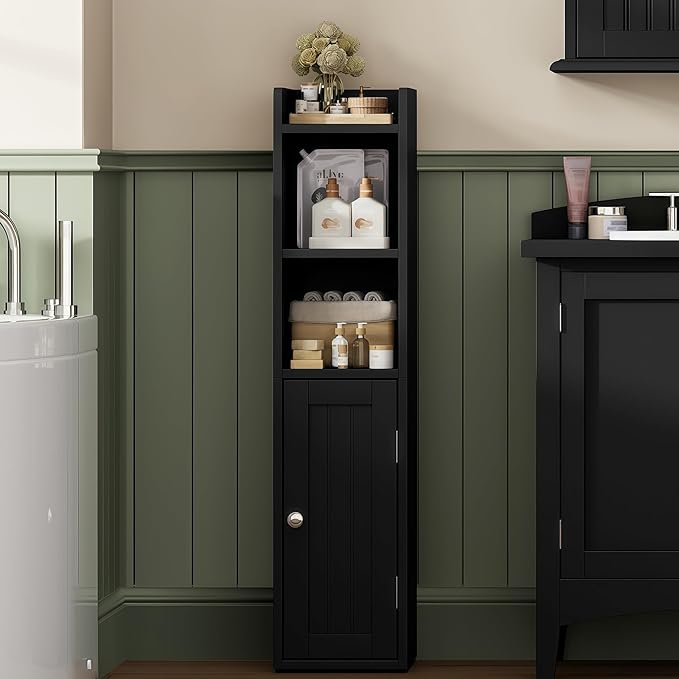 ChooChoo Small Bathroom Storage Cabinet, 7.1“W * 7.9”D Corner Floor Cabinet with Door and Adjustable Shelf, Narrow Toilet Paper Cabinets, Slim Bathroom Organizers for Small Spaces and Bathroom, Black