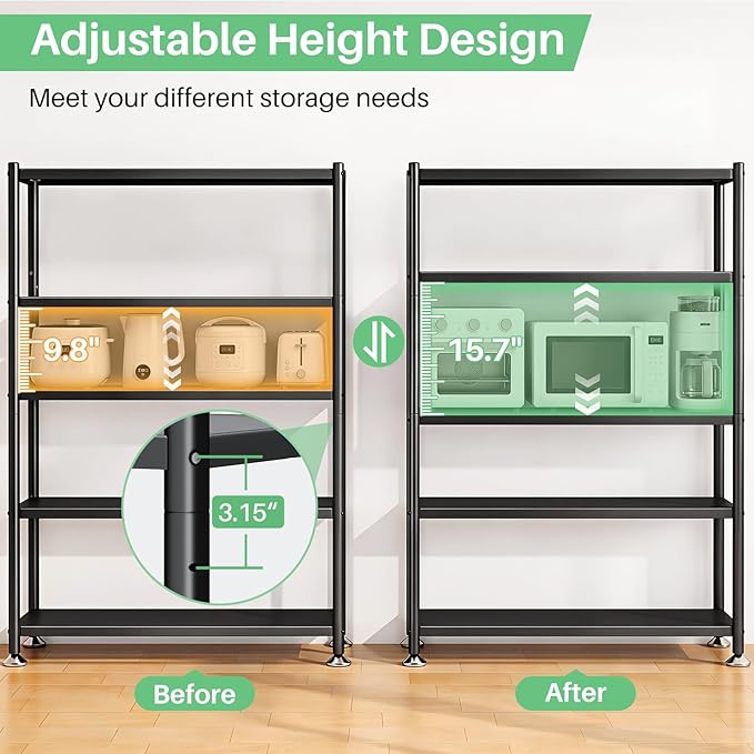 PXRACK Metal Shelving for Storage, 5 Tier Adjustable Kitchen Storage Shelves with Wheels, Shelving Unit Bookshelf Utility Shelf Metal Storage Rack for Garage Pantry Closet Laundry, 35.8"x13"x59.65"