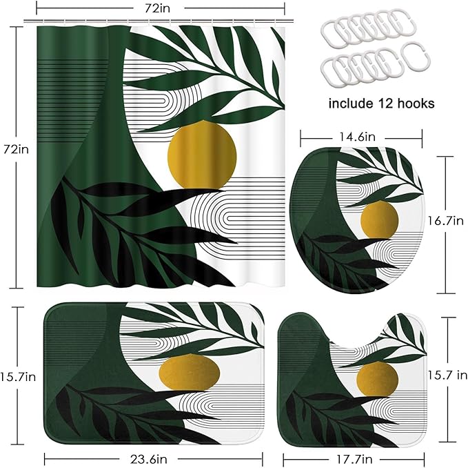 Boho Olive Green and Gold Shower Curtain Set with Toilet Lid Cover and Non-Slip Rugs, Mid Century Modern Abstract Minimalist Leaves Neutral 4 Pcs Shower Curtain for Bathroom Set with 12 Hooks