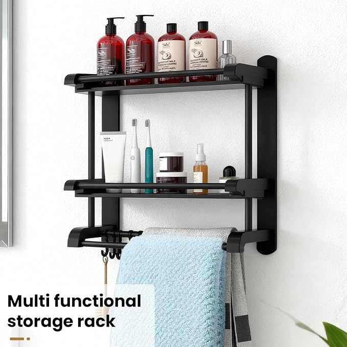 Stainless Steel Shower Organizer with Towel Bar - Rustproof Bathroom Shelf with Ventilated Design, Wall Mounted 2-Tier Storage Rack for Bath Products & Hanging Towels (Black)