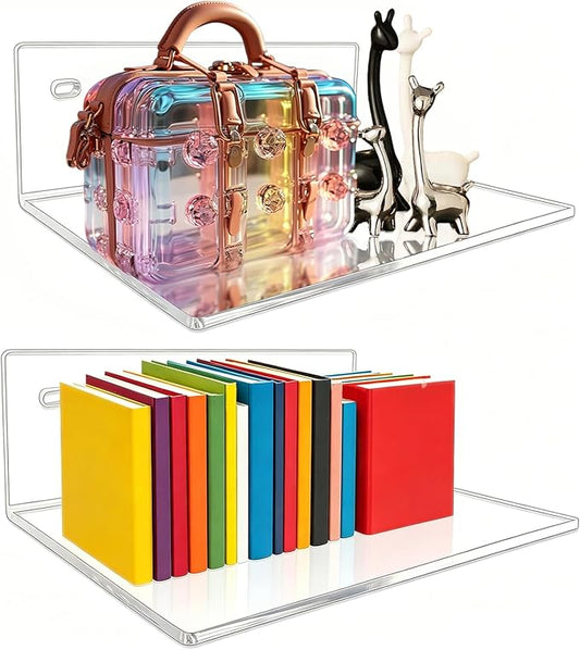 2 Pcs Clear Acrylic Floating Wall Shelves, Small Floating Shelves for Wall Shelf Acrylic Display Ledges, Small Corner Shelf for Bedroom Bathroom Book Speaker Hanging Shelves - Clear (9 Inch 2Pack)