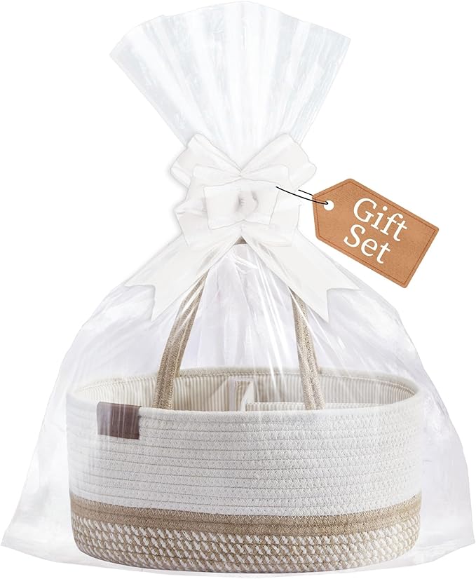 DECOMOMO Diaper Caddy, Empty Woven Basket for Gifts, Mother's Day Baby Baskets for Baby Shower Newborn (Spiral Beige & White, Large Gift Set)