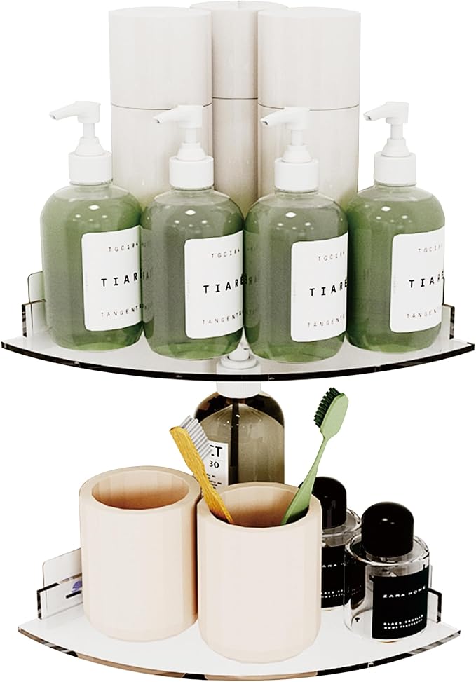 Acrylic Corner Shower Caddy Shelf 2 Pack - Wall Mounted Bathroom Shelves for Glass/Tile/Smooth Walls, Space Saving Storage Organizer for Shower, Kitchen, Bedroom & Toilet Corner