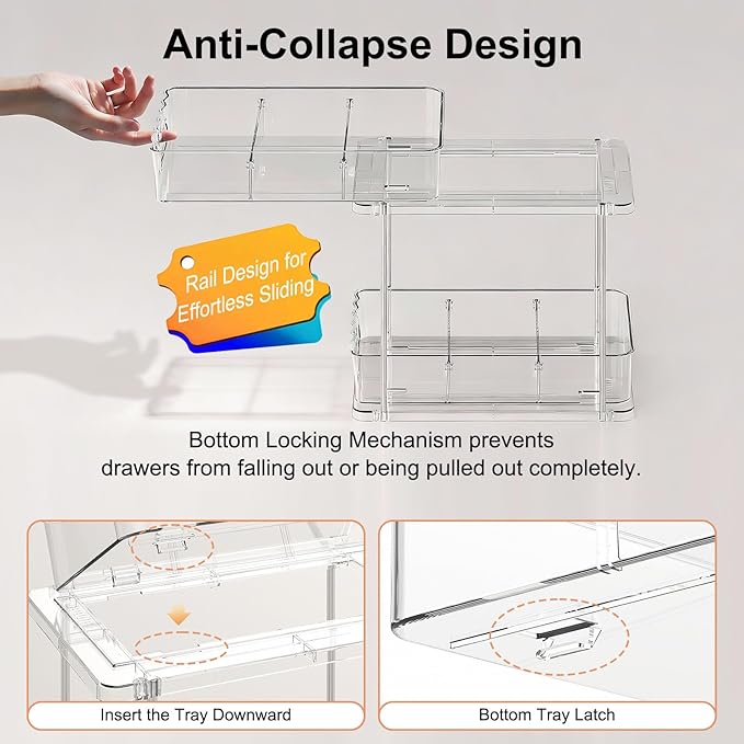 Delamu Under the Sink Organizer, 2-Tier Snap-Lock Cabinet Drawers with Removable Adjustable Shelf, Under Sink Cabinet Organizer for Bathroom, Kitchen, Vanity & Every Household(Clear, 4 Pack)