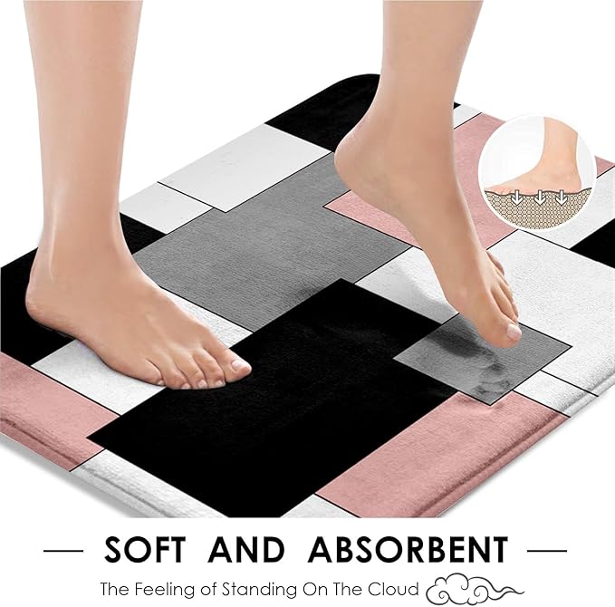 Pink Geometric Shower Curtain Set with Toilet Lid Cover and Non-Slip Rugs for Bathroom, Grey Black White Checkered 4 Pcs Shower Curtain, Abstract Modern Bathroom Set with 12 Hooks
