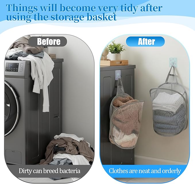 2 Pack Mesh Hanging Laundry Hamper, Small Foldable Wall Laundry Baskets Space-Saving Wall Hamper Portable Dirty Clothes Organizer for Home, Dorms, Hotels, RVs Grey