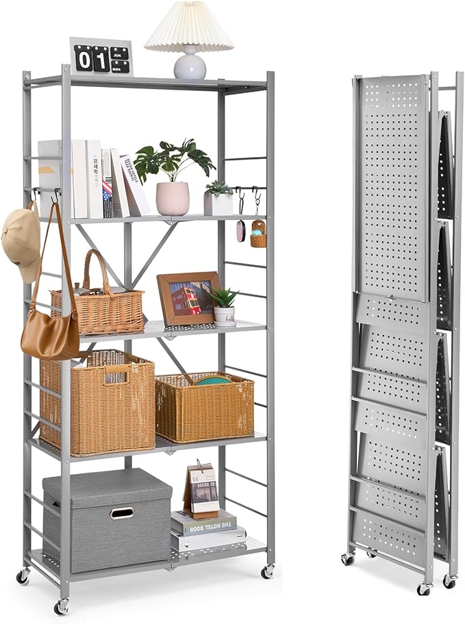 VEVOR 5-Tier Foldable Storage Shelf, 32W x 14D x 72H Inch Folding Metal Rack Shelving Unit, Heavy Duty No Assembly Organizer Shelf with 5 Wheels & 4 Hooks for Pantry, Kitchen, Garage, Basement, Grey
